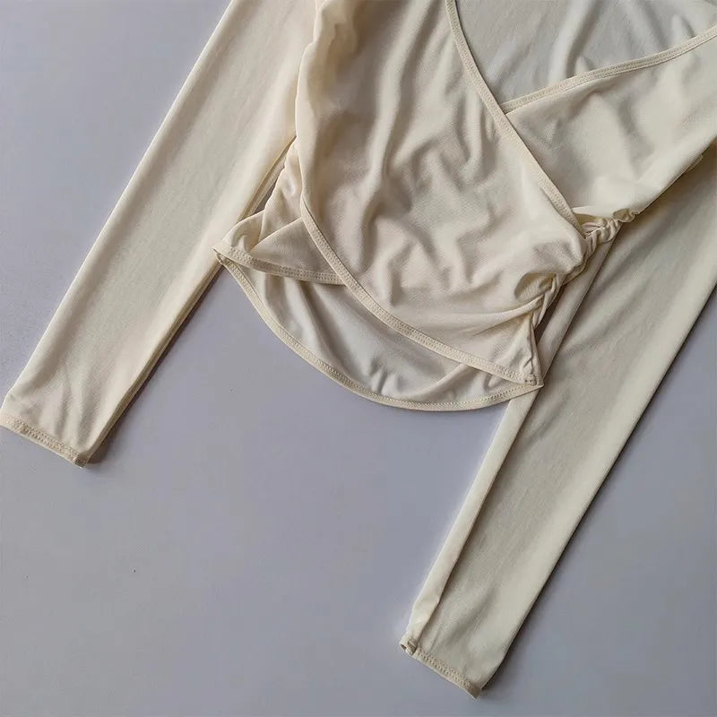 Sports T-shirt, V-neck mesh breathable Prati yoga suit cross cover long sleeved running training fitness top