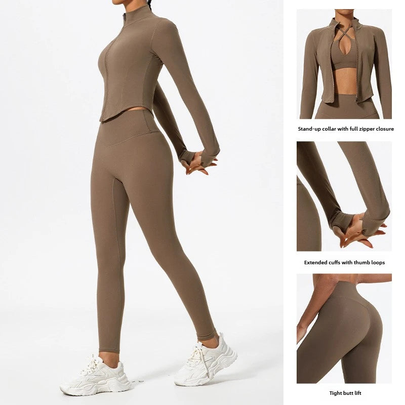 Lezyan Newest Solid Color Yoga Women's Outer Wear Sports High Waist Hip Lift Buttocks Belly Jacket Set Workout Gym Sport Clothes