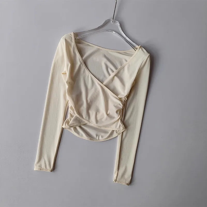 Sports T-shirt, V-neck mesh breathable Prati yoga suit cross cover long sleeved running training fitness top